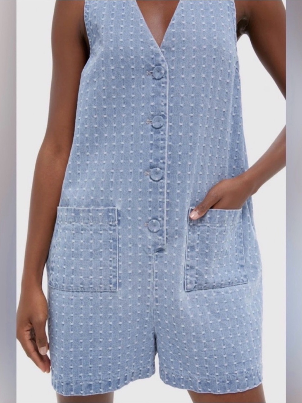 Tuckernuck Light Wash Denim Dot Myla Romper X-Small